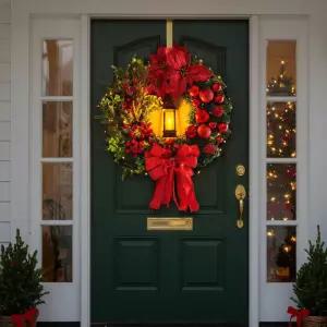 크리스마스 레드 베리 리스 전면 도어용 인공 화환 램프 포함 30cm 장식품 실내외 벽 창문 장식용