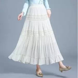 마르소 치마 롱 얇은 봄여름 여성쉬폰스커트 A라인 레이스 밴딩 UNO1