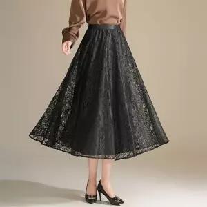 마르소 치마 롱 A라인 슬림핏 봄여름 여성쉬폰스커트 하이웨스트 레이스 우산 UNO1