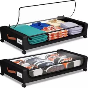 바퀴가 달린 침대 보관함 뚜껑과 손잡이가 투명한 보관 용기 옷 담요 신발 책을 보관할 수 있는 서랍 아래