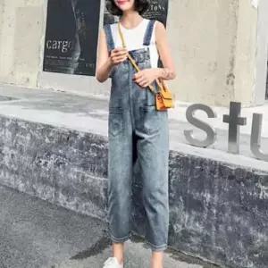 여성 외출 여행 피크닉 스타일 귀여운 데님 멜빵 팬츠