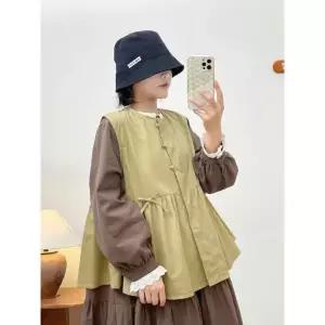 솜브레로스 여자 조끼 캐주얼 끈 나시 빈티지 솔리드 라운드 카디건 DOS1