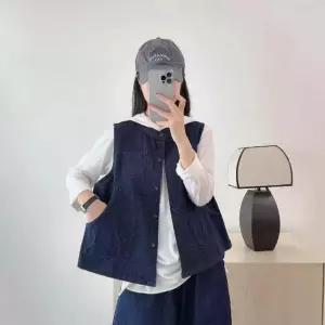 솜브레로스 데님 캐주얼 빈티지 여성 조끼 솔리드 라운드 싱글 민소매 나시 DOS1