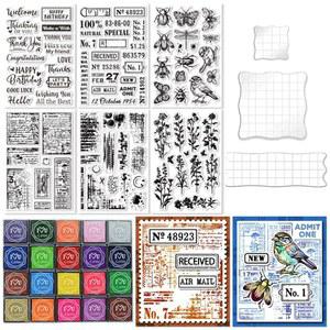 카드 제작 용품 세트에는 아크릴 투명 스탬프 블록 3개, 투명 실리콘 스탬프 씰 6개, DIY 스크랩북 저널용 공예 잉크 패드 스탬프 20개가 포함되어 있습니다