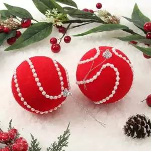 트리 핫레드 진주 회오리 패브릭 장식볼 오너먼트 2p