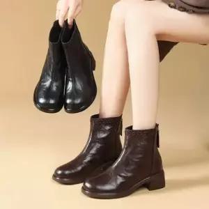 면 가을 빈티지 여성 워커힐 리얼 가죽 스틸레토 앵클부츠 라운드 워커 뒷지퍼 부츠 MODU3