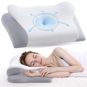 메모리 폼 목 베개 - 옆구리 배 수면자를 위한 인체공학적 윤곽 경추 베개, 냉각 커버가 있는 2-in-1 지지