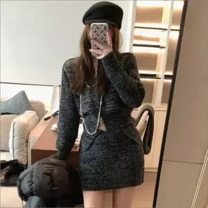 골지스커트 세트 여성 니트 집업 미니 4색 라운드넥 투웨이