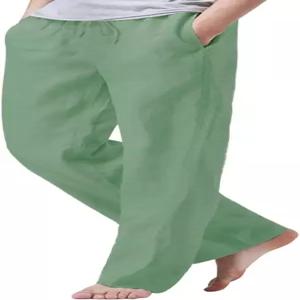 우 린넨 바지 남성 캐주얼 2025 여름 해변 탄력 드로스트링 허리 요가 여행 배기 워크 팬티 파자마