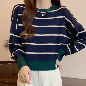 가오리티셔츠 봄 가을 겨울 큰 줄무늬 크롭 니트 드롭숄더 티셔츠