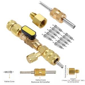 듀얼 크기 1/4 및 5/16 포트 밸브 코어 리무버 설치 키트 R22 R410a R134A R12 R32 냉매용 Schrader 도구