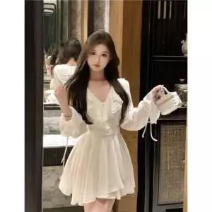 스커트 원피스 흰색 가을 원샷 현 A라인 여자쉬폰원피스 허리조임 섹시한 긴팔 브이넥 프릴 쉬폰 ible3
