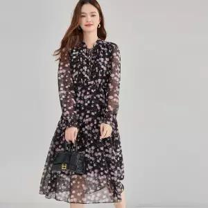 원피스 블랙 미디 빈티지 가을 라운드 플라워 여자쉬폰원피스 긴팔 쉬폰 허리밴드 ible3