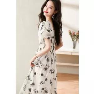 원피스 흰색 플라워 프렌치 의 미디엄 여자쉬폰원피스 부드러운 스퀘어넥 웨이스트업 쉬폰 ible5