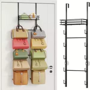 HapiRm 오버 더 도어 지갑 정리함 - 10개의 후크와 금속 바구니가 있는 벽걸이 걸이 핸드백 최대 가방을