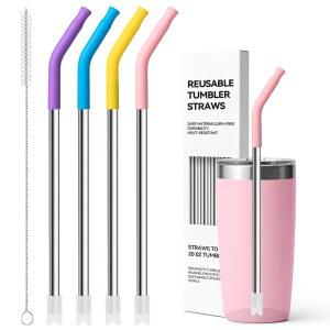 [미국배송] 용 금속 빨대 실리콘 팁이 있는 7인치 짧은 빨대 재사용 가능한 스테인리스 스틸 10/12/14 OZ 텀블러 작은 유리컵과 머그잔(세트 2)에도 맞습니다