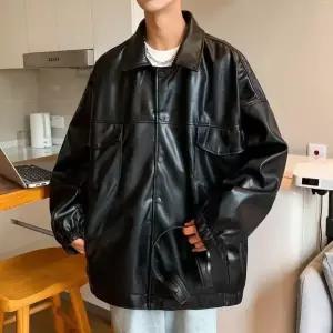 남성용 블랙 캐주얼 심플데일리룩 항공 점퍼 가죽옷 아우터 봄가을 라이더 루즈핏 빅사이즈 커플 PU가죽 재