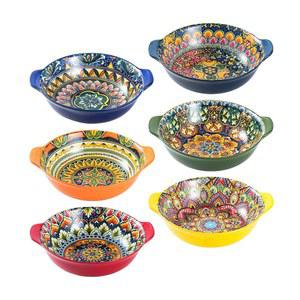 헨텐 가정용 세라믹 수프 그릇 세트, 14온스 시리얼 그릇 세트 6개, 서빙, 스낵, 샐러드, 보헤미안, 전자레인지 및 식기세척기 사용 가능한 도자기 작은 디저트 그릇 손잡이