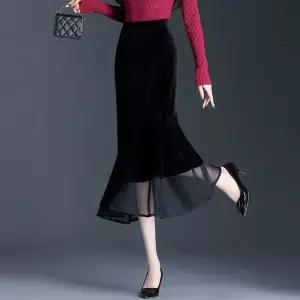 손오공 여성 스커트 가을 망사 롱 머메이드 데일리룩 슬림 벨벳 힙업 KUK3