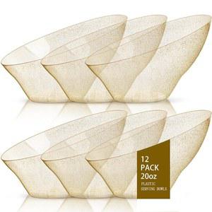 bUCLA 12팩 골드 글리터 플라스틱 서빙 볼 - 파티 및 추수감사절을 위한 일회용 간식, , 칩, 사탕 각도 서빙 볼 20온스