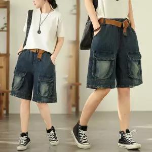 여성반바지 봄여름 허리밴딩 입체포켓 데님 와이드 반바지 5부 팬츠 심쿵직구