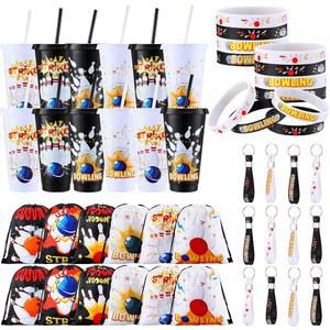 림시리얼 48개 볼링 파티 추천 제품에는 24온스 플라스틱 텀블러 드로스트링 백 실리콘 팔찌 테마 열쇠고리 선물 스포츠 생일 용품 경품이 포함되어 있습니다