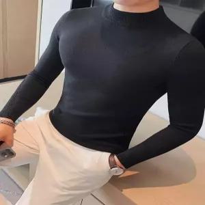 남성니트 봄가을 얇은 탄력성 반폴라 니트 슬림 솔리드 스트라이프 스웨터 심쿵해외구매