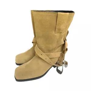 데님 여성 빈티지 MN 워커힐 소가죽 스크럽 웨스턴 부츠 통굽 버클 미들 라이더 워커 OOTD5