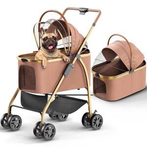 소형견 및 고양이용 반려동물 유모차 u2013 접이식 탈착식 여행용 컵 유모차, 수납 브라운 캐리어, 입구, 가벼운 없는 바구니가 있는 지퍼 2-in-1 홀더,