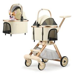 소형견을 위한 애완동물 유모차 - 조절 3인치 유모차, 손잡이와 카시트가 있는 올터레인 가능한 탈착식 5인치 1인치 휠이 반려견 접이식 캐리어 고양이 잠금식