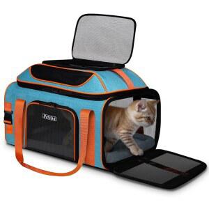 펫스케드 탑 익스펜더블 펫 캐리어 19x13x9인치 12파운드 대형 소형견 미만 소프트사이드 항공 고양이용 승인, 15파운드 캐리어(블루) 및 사우스웨스트 얼리전트