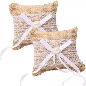 루젠 2Pc 웨딩 링 베개 러스틱 버랩 레이스 신부 및 신랑 디스패리 스몰 홀더 결혼식 파티용