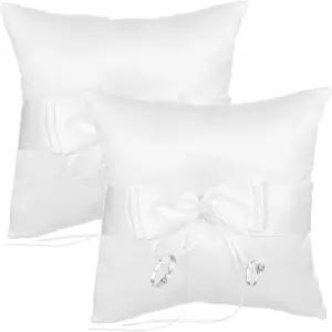 오미스타 2팩 링 베어러 베개 7.9인치 화이트 웨딩 로맨틱 리본 활과 진주 장식 가볍고 휴대하기 좋은