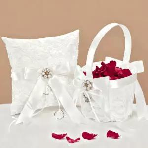 노아무스 2팩 플라워 걸 바구니 및 링 베어 베개 세트 쿠션이 있는 귀여운 레이스 진주 꽃 체리쉬 보리