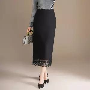 패브릭픽 치마 롱 가을 여성 쉬폰 레이스 중기장 기장 뒷트임 힙업 슬림핏 일자 HO3