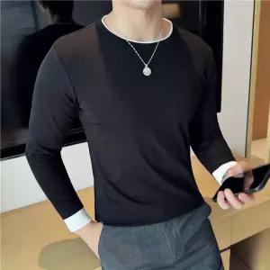 EAMT 남자 이너 페이크 투피스 라운드넥티 긴팔 티셔츠 슬림 스판 내의 내복 YJ3