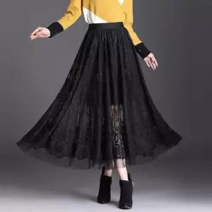 EAMT 치마 롱 여자 A라인 봄가을 빅레이스 미디엄 하이웨스트 펀칭 쉬폰 EUNG1