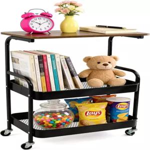 그므리타프 3단 롤링 카트 바퀴 및 나무 테이블 상판이 있는 유틸리티 주방 사무실 욕실 거실 세탁실 침실