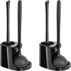 2팩 2 in 1 화장실 브러시 및 플런저 세트 연장 핸들 볼 청소 장갑 도구 용품 콤보(블랙)