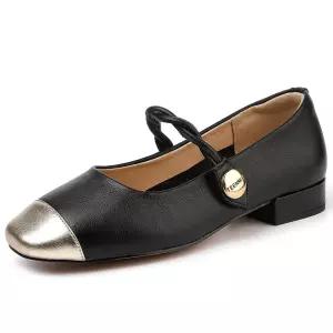 EAMT 여자 플랫 천연가죽 스퀘어 굽높이 봄가을 펌프스 일자 벨트 소프트솔 빅사이즈 YJ3