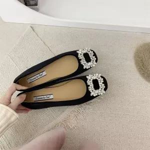 EAMT 여자 플랫 키높이 스웨이드 프렌치 단화 슈즈 봄가을 이브닝화 블랙 YJ3