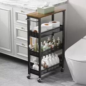 기윌 슬림 롤링 수납 카트 4단 욕실 정리함 이동식 선반 유닛 유틸리티 주방 세탁 좁은 공간용 나무 상판과