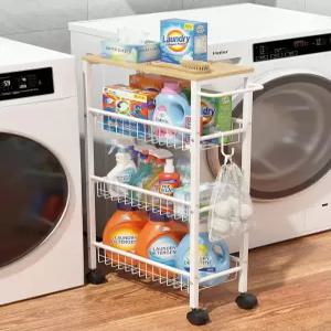 롤링 유틸리티 카트 주방용 바퀴가 달린 4단 슬림 좁은 수납 세탁실 정리함 나무 상판이 있는 금속 욕실