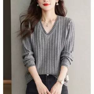 아이언하트 여성용 니트 가을 티 롱루즈핏 긴팔 셔츠 상의 브이넥 조추폭발 루즈핏 배 가림 스웨터 KKE3