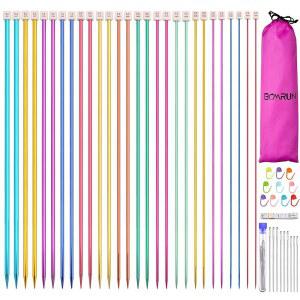 BCMRUN 28Pcs / 14쌍 스테인리스 스틸 뜨개질 바늘 세트, 컬러 스트레이트 싱글 포인티드 메탈 바늘, 2.0mm-10.0mm 14사이즈, 수제 DIY 뜨개질용 13.8인치 길이(35cm)