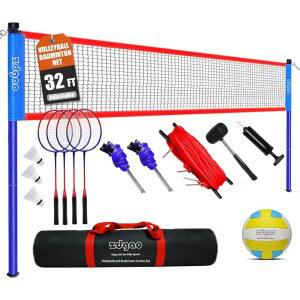 배드민턴 & 배구 콤보 세트 - 잔디밭, 뒷마당, 배구공, 라켓, 캐리백, 가족의 즐거움을 위한 경계 설정을 32피트 조절 가능한 프로 네트