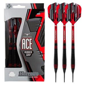해로우즈 에이스 고무 황동 소프트 팁 다트 세트 - 16g 또는 18g 슈퍼그립 샤프트, 마이크론 마라톤 비행 및 편리한 여행용 케이스 포함(무게 세트)