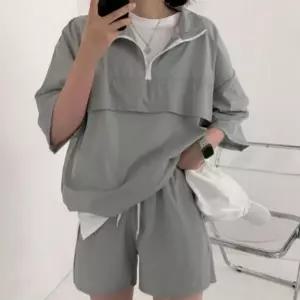 여성 아노락 반팔 상하세트 반바지 트레이닝 세트 데일리 캐주얼
