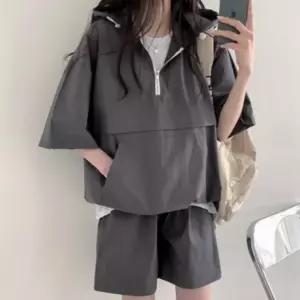 여성 후드 반팔 아노락 트레이닝 세트 하프 바람막이 반바지 상하세트