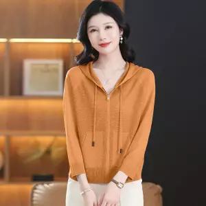 가을 여성용 니트 후드 가디건 카디건 집업 얇은 겉옷 솔리드 래쉬가드 상의 CH1